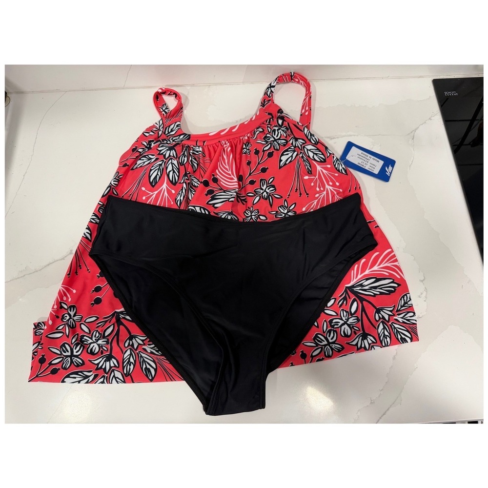 Hilor Women Coral Red Floral Tankini Swimsuit Set 2 Piece Size 14 Style 7906 NEW